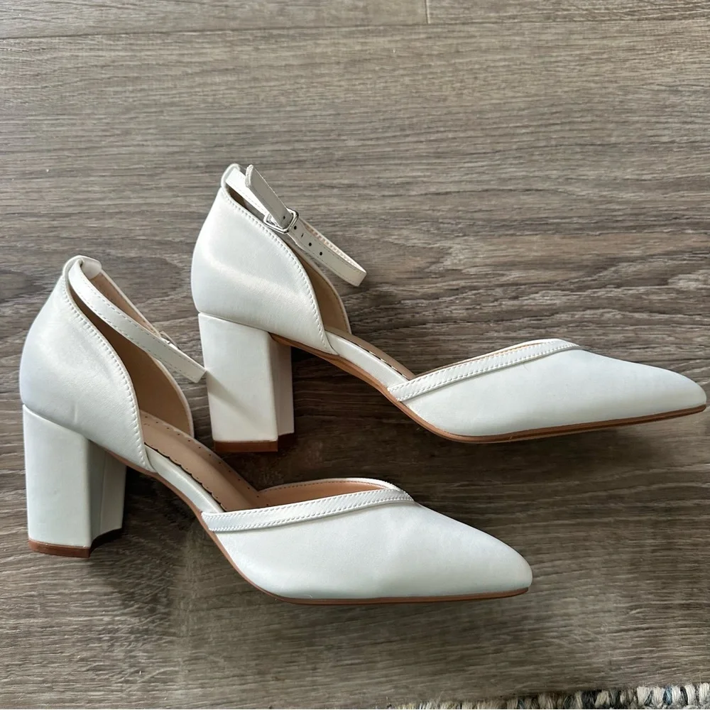 Bridal White Satin Ankle Strap Heels - Picture 9 of 13